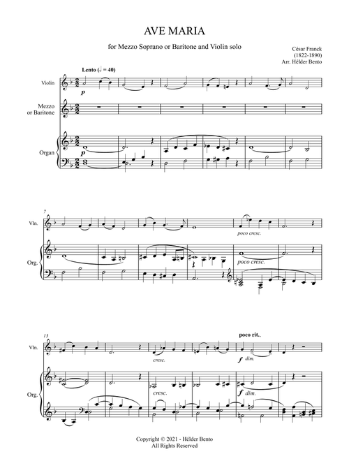 Avé Maria - César Franck for Medium Voice (Dm) and Violin Solo (Arr. H. Bento) - Cesar Franck (Instrumental Duet and Piano)