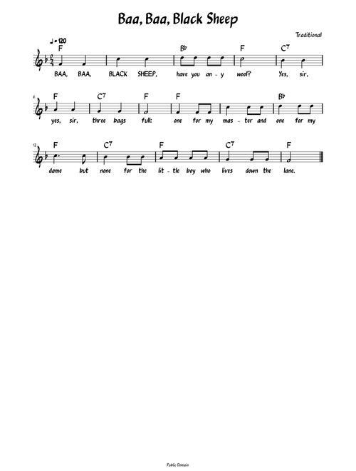 Baa, Baa, Black Sheep (Lead sheet with lyrics )