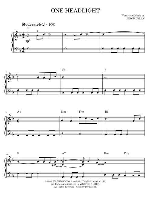 One headlight - The Wallflowers (Easy Piano)