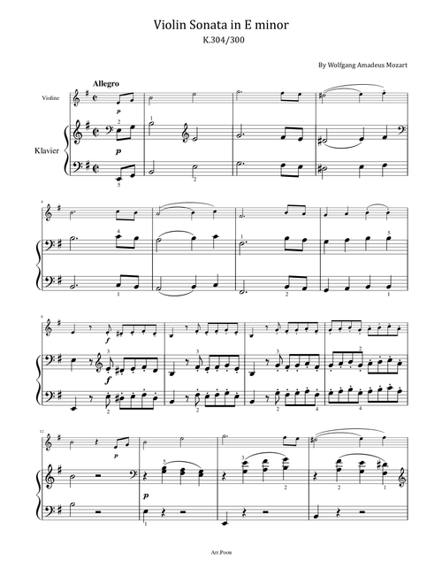 Mozart - Violin Sonata in E minor - K.304/300 - Violin Sonata No.21 Original Compelet With Fingered (Arr. poon) - Wolfgang Amadeus Mozart (Violin and Piano)