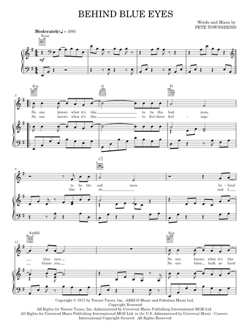 Behind blue eyes - The Who (Piano-Vocal-Guitar)