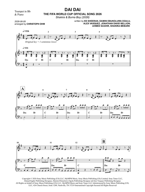 Dai Dai (Arr. Christoph Ohm) - Shakira & Burna Boy (Trumpet and Piano)