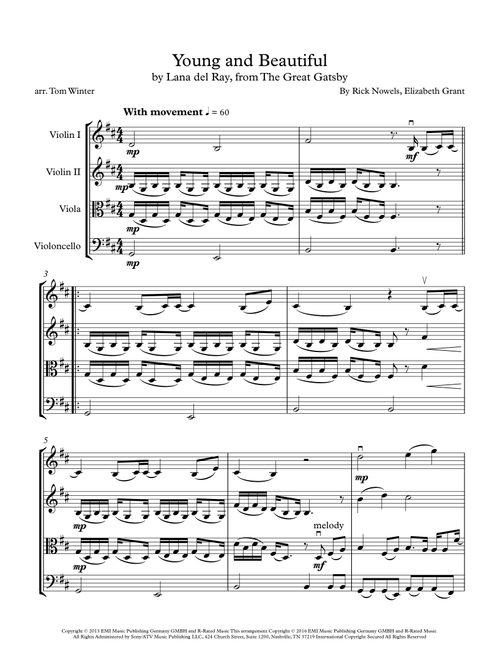 Young And Beautiful (Arr. Tom Winter) - Lana Del Ray (String Quartet)