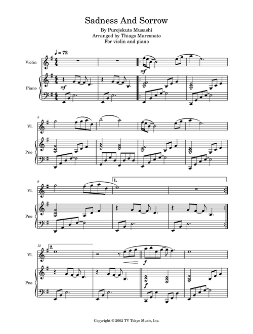 Sadness And Sorrow (Arr. Thiago Marconato) - Purojekuto Musashi (Violin and Piano)