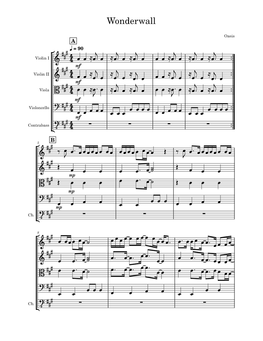 Wonderwall – Oasis Sheet Music for Contrabass, Violin, Viola, Cello ...