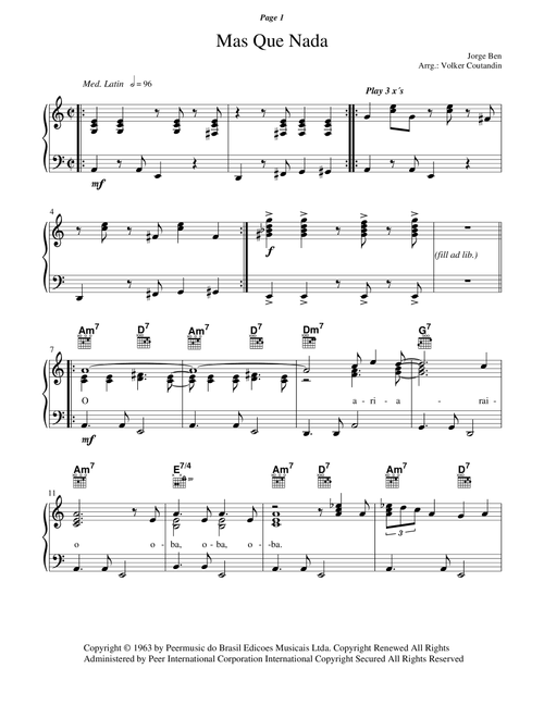 Mas Que Nada (Arr. Volker Coutandin) - Sergio Mendes (Piano-Vocal-Guitar (Piano Accompaniment))