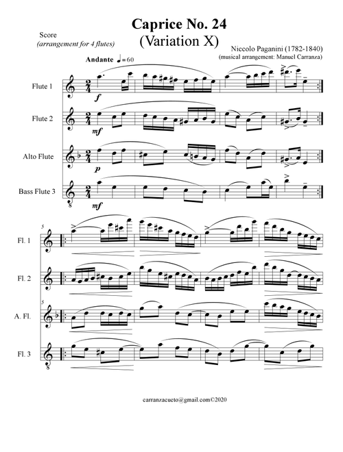 Paganini Caprice 24 Variation X for flute quartet version (Arr. Manuel Carranza Cueto) - Nicolo Paganini (Woodwind Ensemble)