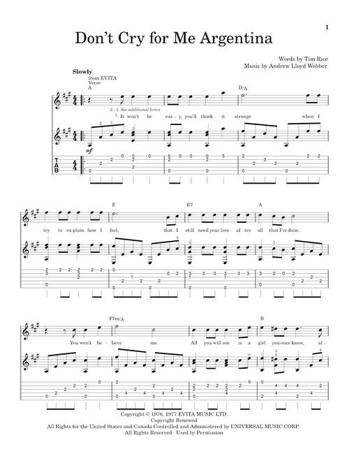 Don't Cry For Me Argentina - Andrew Lloyd Webber, Madonna, Evita (Musical) (Solo Guitar)