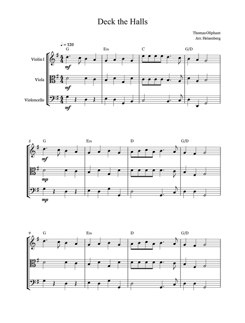 Deck The Halls for string trio with chords. Score and parts included. (Arr. Heisenberg) - Thomas Oliphant (String Ensemble)