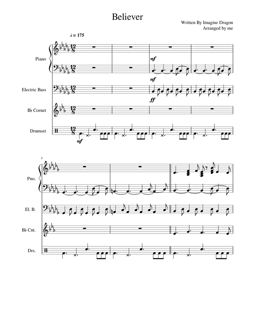 Believer ~ Imagine Dragons Sheet Music for Piano, Cornet, Bass guitar ...