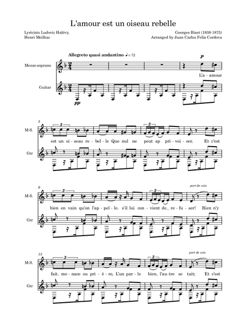 L'amour est un oiseau rebelle (Habanera) for Mezzo-soprano and guitar (Arr. Juan Carlos Felix Cordova) - Georges Bizet (Piano-Vocal-Guitar (Piano Accompaniment))