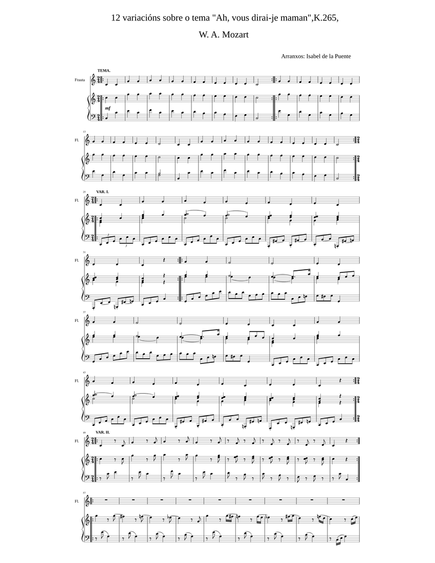 12 variacions sobre o tema Ah vous dirai je maman K 265 W A Mozart ...
