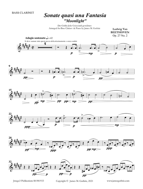 Beethoven: Adagio from the Moonlight Sonata for Bass Clarinet & Piano (Arr. James M. Guthrie) (Clarinet and Piano)