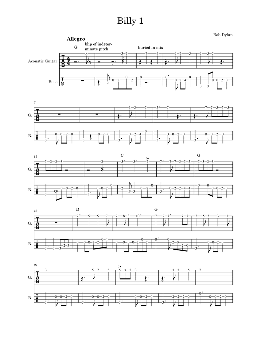 Billy 1 – Bob Dylan (lead guitar and bass) Sheet music for Billy 1 – Bob Dylan (lead guitar and bass) Sheet music for