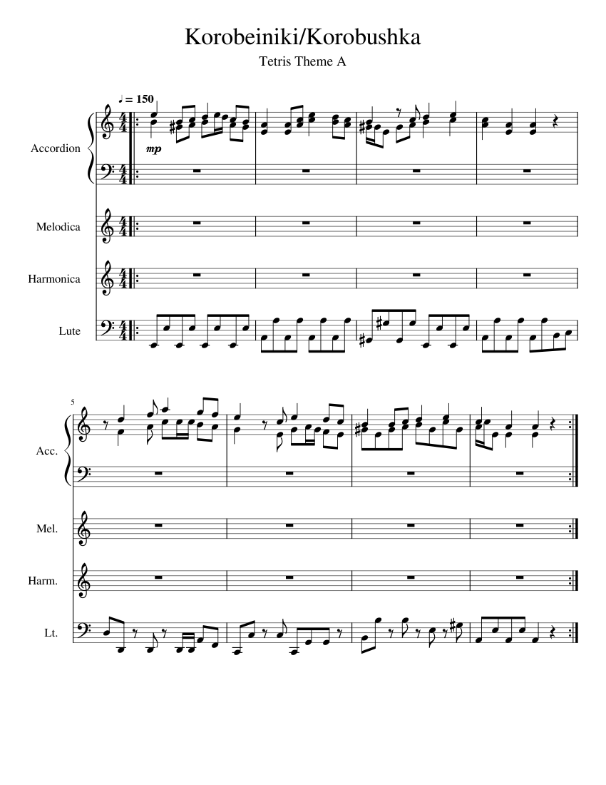 Korobeiniki Korobushka Sheet music for Accordion Harmonica Melodica Lute Mixed Quartet Musescore