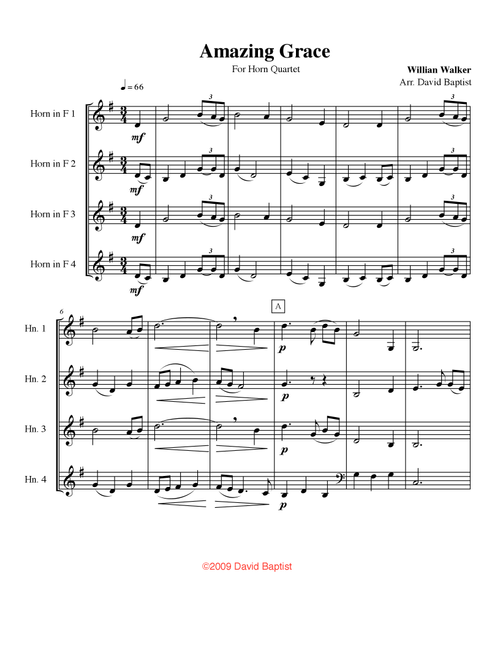 Amazing Grace for Horn Quartet (Arr. David Baptist) - William Walker (Brass Ensemble)