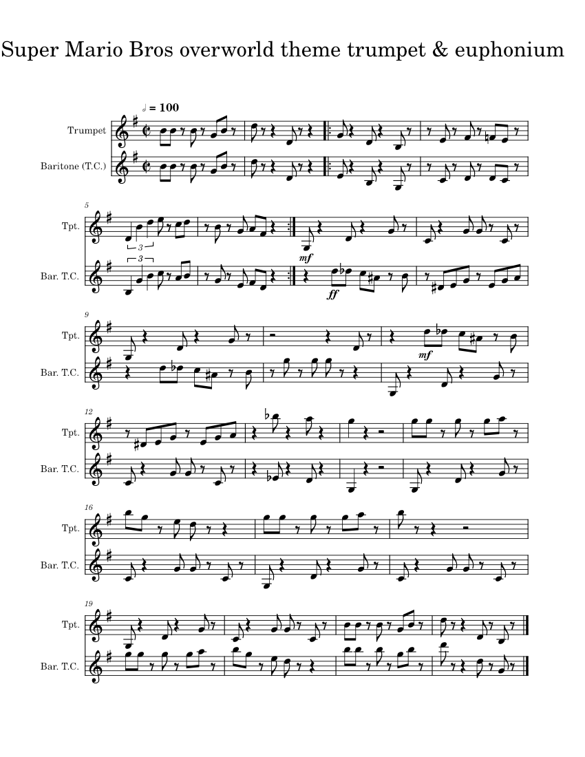 Super Mario Bros overworld theme trumpet & baritone Sheet music for