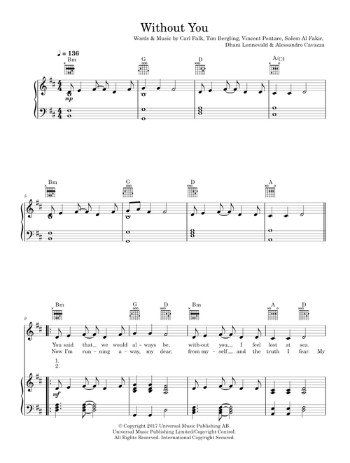 Without You (featuring Sandro Cavazza) - Avicii, Sandro Cavazza (Piano-Vocal-Guitar (Piano Accompaniment))