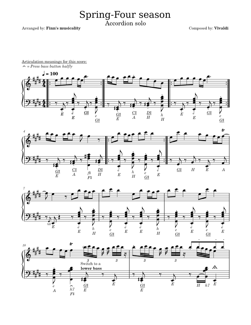 Vivaldi winter accordion sheet music top