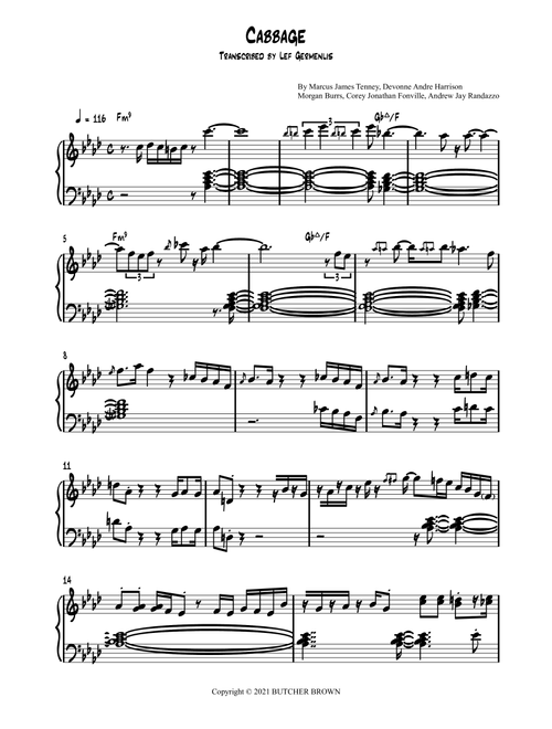 Cabbage (dfc) (Arr. Lef Germenlis) - Butcher Brown (Piano Solo)