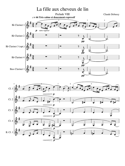 La fille aux cheveux de lin - Claude Debussy - Clarinet Quintet/Quartet Arrangement for 3 or 4 Bb Clarinets and 1 Bass Clarinet