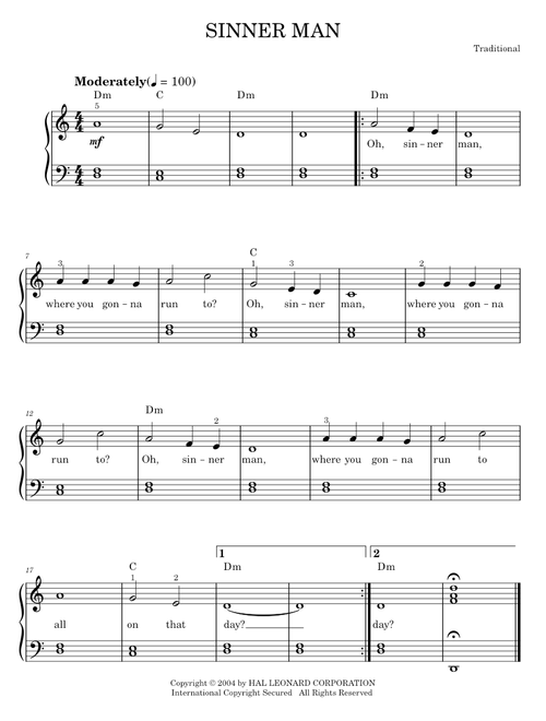 Sinner Man - Traditional Caribbean (Easy Piano)
