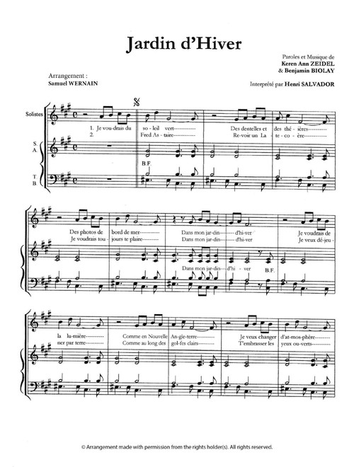 Jardin d'Hiver (for choir with four mixed voices and soloists) (Arr. Samuel Wernain) - Benjamin Biolay, Henri Salvador (Choral, SATB)