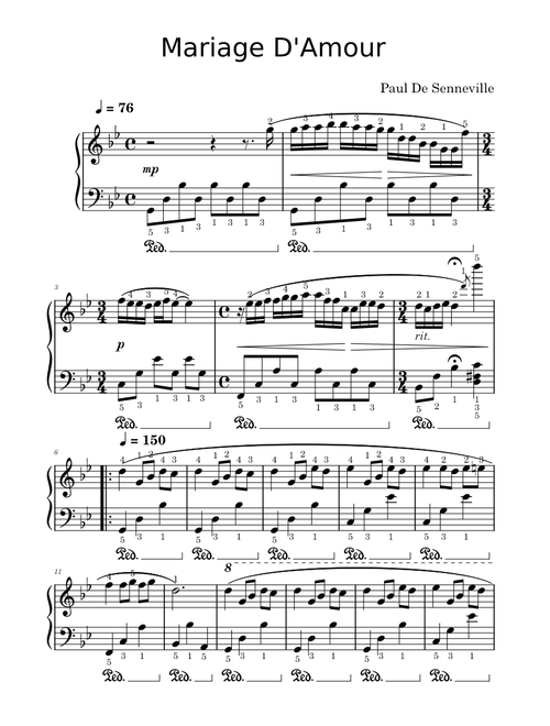 Mariage D'amour Piano Easy (With finger numbers)