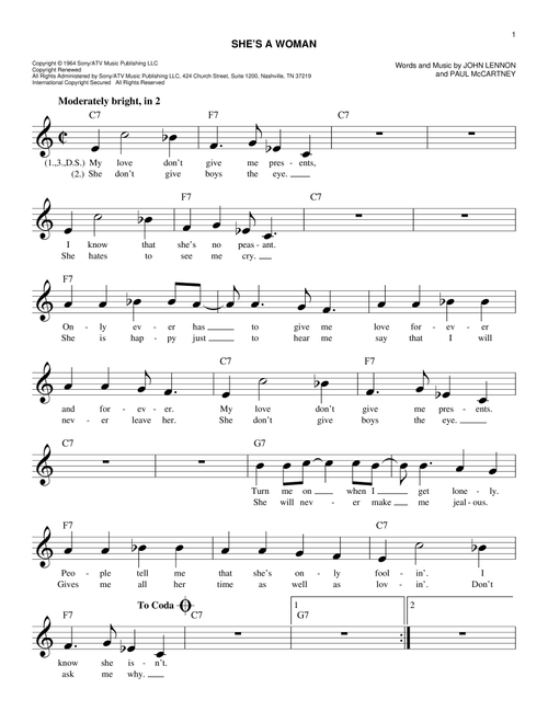 She's A Woman - The Beatles (Easy Lead Sheet - Fake Book)
