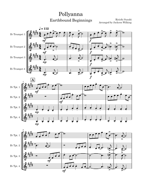 Pollyanna Trumpet Quartet Arrangement