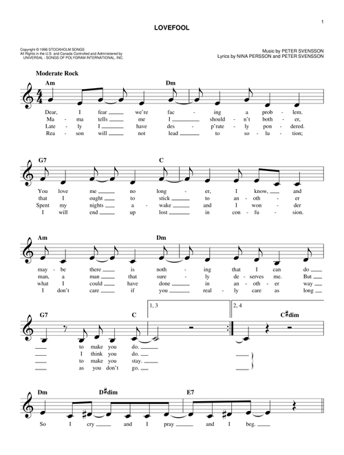 Lovefool - The Cardigans (Easy Lead Sheet - Fake Book)