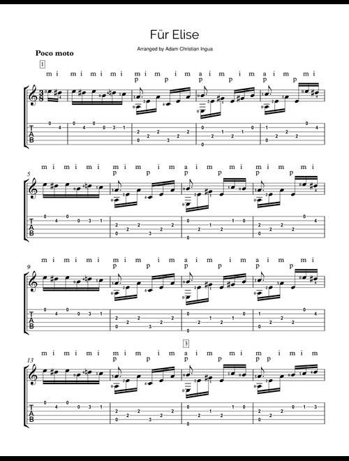 Fur Elise arranged for Guitar w/ TABS (Arr. Adam Christian Ingua) - Ludwig Von Beethoven (Easy Guitar with TAB)