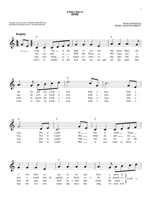 (I Wish I Was In) Dixie - Daniel Decatur Emmett (Easy Lead Sheet - Fake Book)
