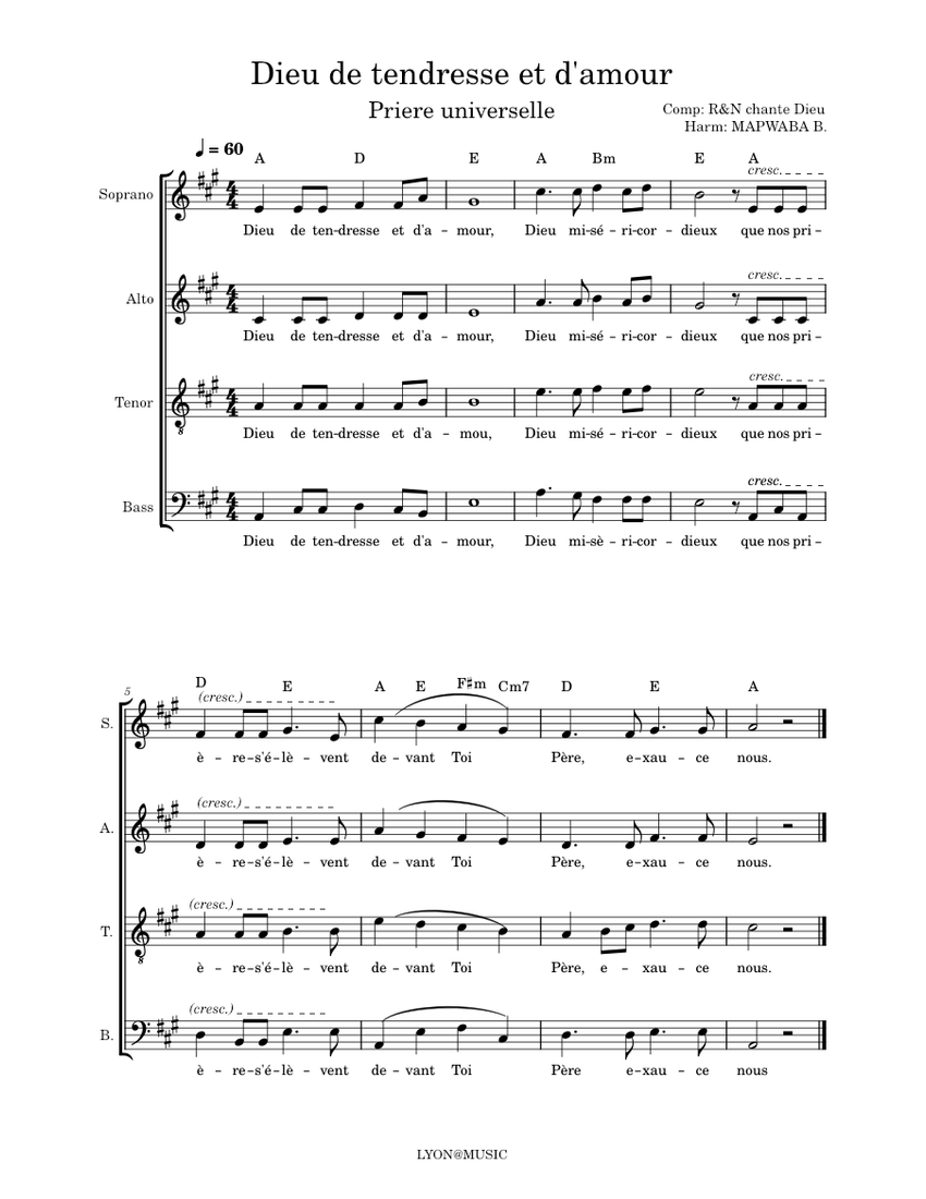 Dieu de tendresse et d'amour Sheet music for Soprano, Alto, Tenor, Bass