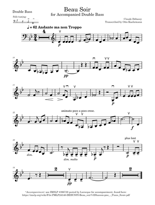 Beau soir – Claude Debussy for Accompanied Double Bass in Solo Tuning