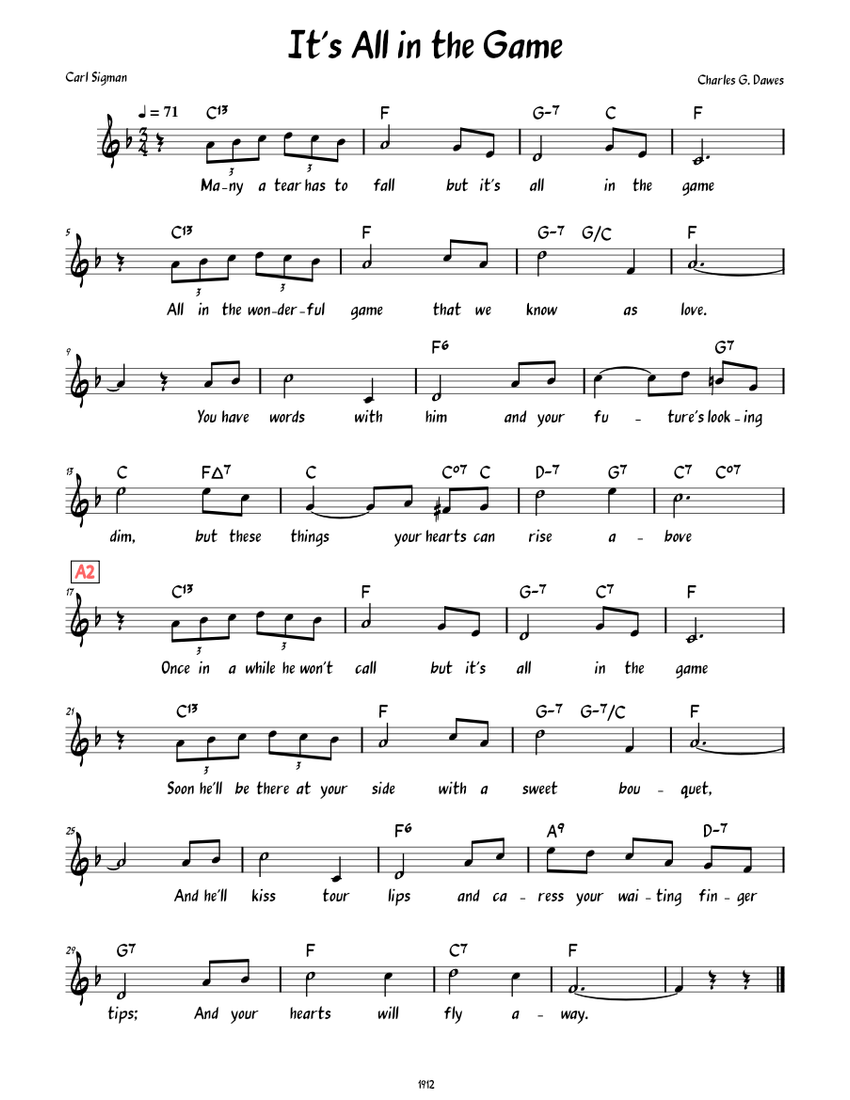 It's All in the Game (Lead Sheet with lyrics ) Sheet music for Piano