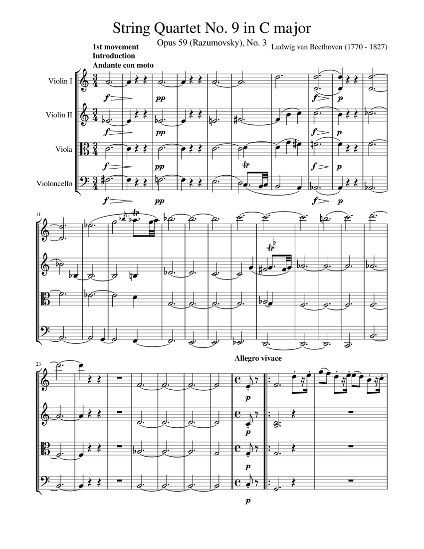 String Quartet No 9 in C major, Opus 59 (Razumovsky), No 3 Sheet