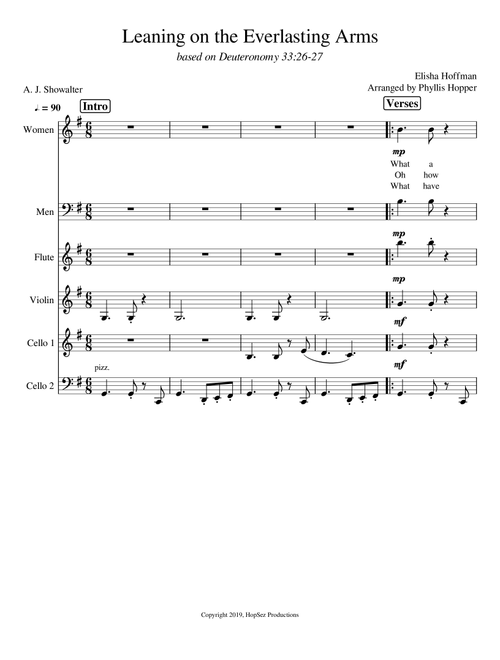 Leaning On The Everlasting Arms - vox, flute, violin, 2 cellos (Arr. Phyllis Hopper) - Elisha Hoffman (Choral, 2-Part)