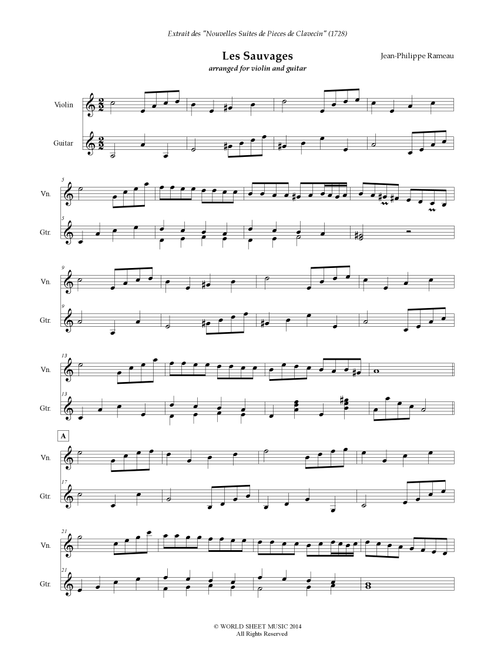 Les Sauvages for violin & guitar (Arr. World Sheet Music) - Jean-Philippe Rameau (Instrumental Duet)