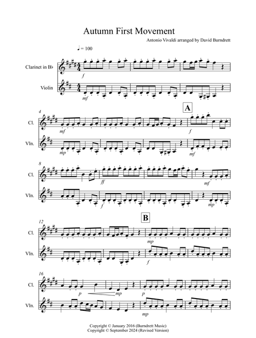 Autumn "Four Seasons" for Clarinet and Violin Duet (Arr. David Burndrett) - Antonio Vivaldi (Instrumental Duet)