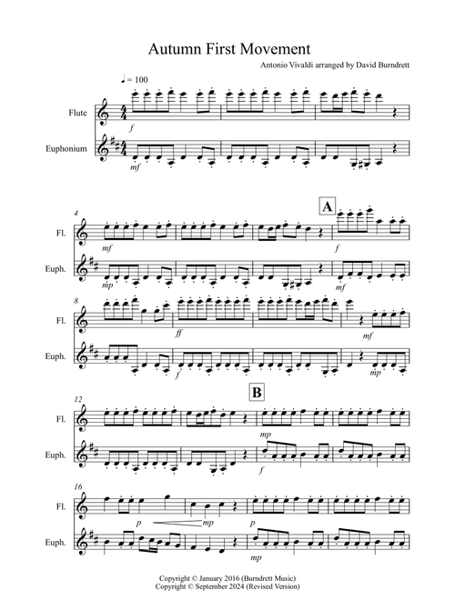 Autumn "Four Seasons" for Flute and Euphonium Duet (Arr. David Burndrett) - Antonio Vivaldi (Instrumental Duet)