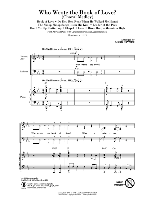 Who Wrote The Book Of Love? (Arr. Mark Brymer) - Warren Davis, George Malone, Charles Patrick (Choral, SAB)