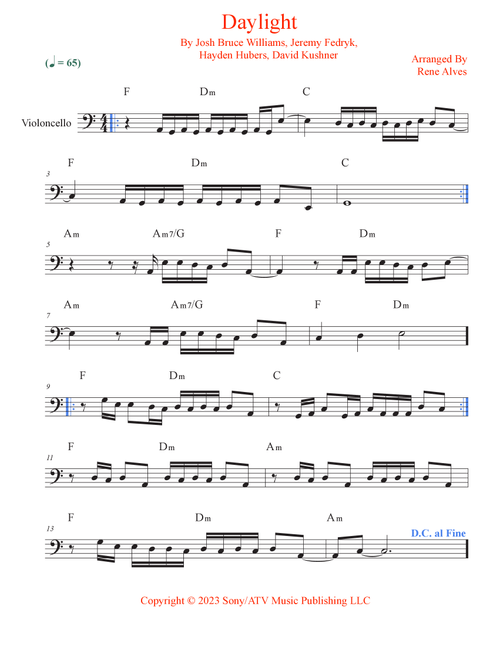 Daylight (Arr. Rene Alves) - David Kushner (Cello Solo)