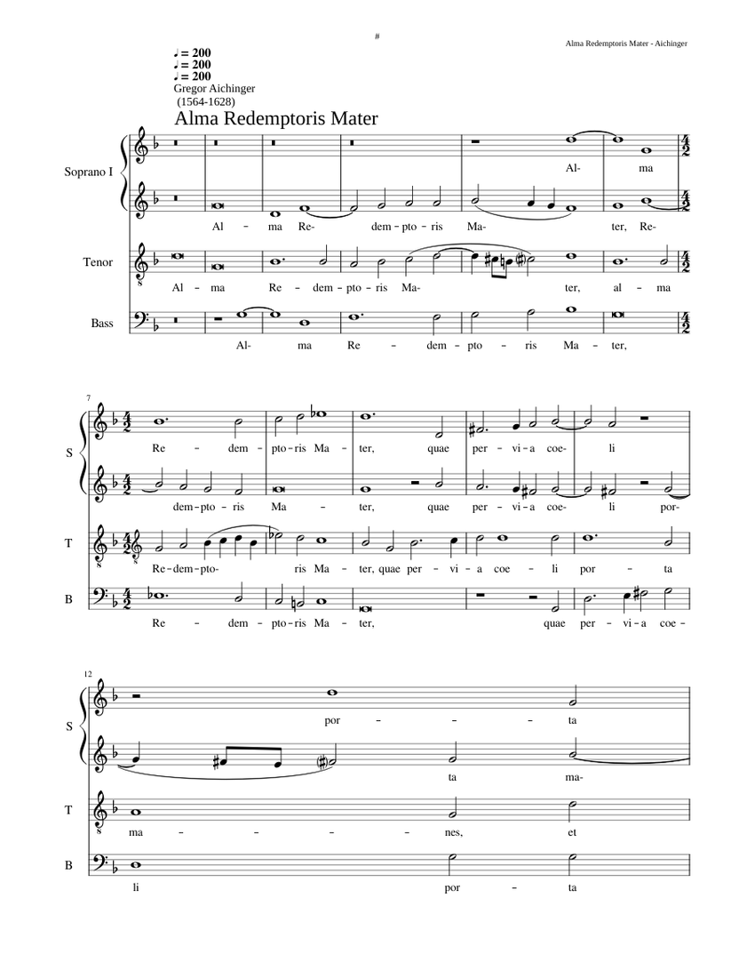 Alma Redemptoris Mater II a 4 - Gregor Aichinger Sheet music for Bass ...