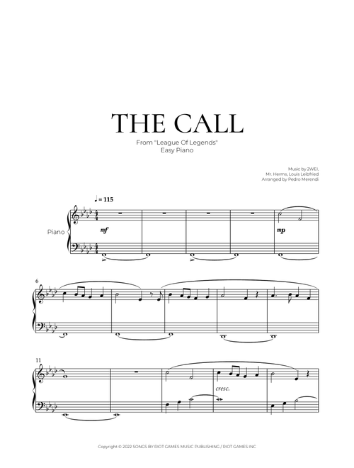 The Call (Arr. Pedro Merendi) - League Of Legends 2wei Louis L (Easy Piano)