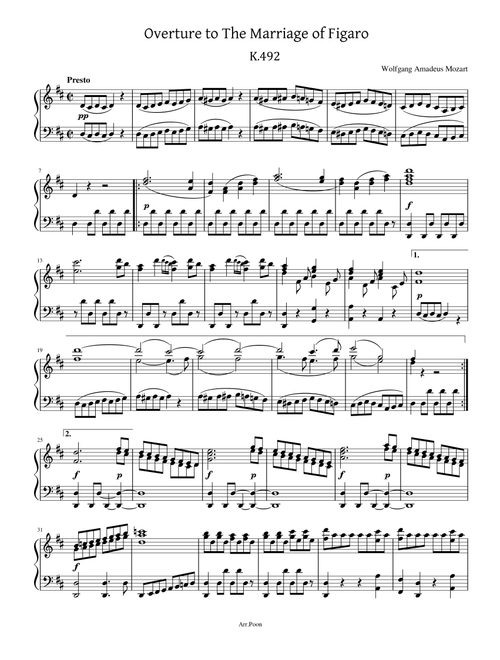 Mozart - Overture to The Marriage of Figaro, K.492 - For Piano Solo (Arr. poon) - Wolfgang Amadeus Mozart (Piano Solo)