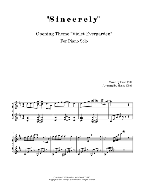 Violet Evergarden Op (Arr. Hanna Choi) - Evan Call (Piano Solo)