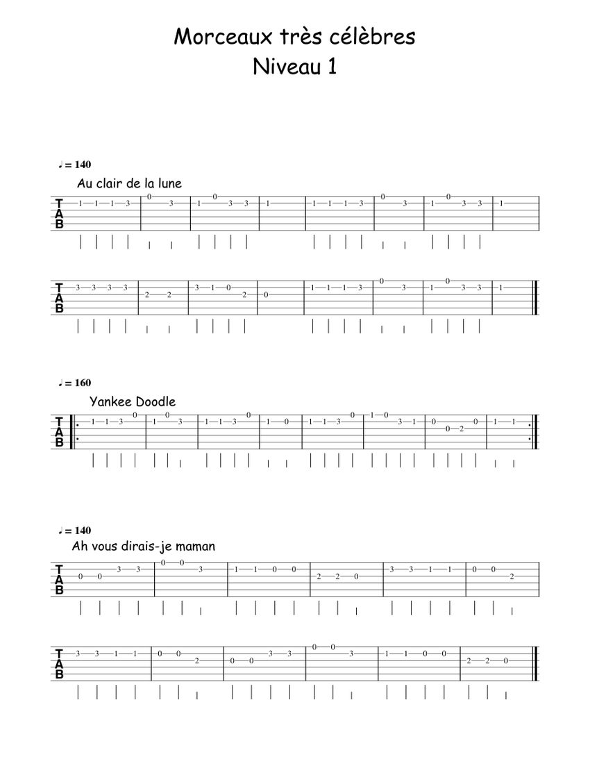 Tablature Guitare Au Clair De La Lune Morceaux très célèbres-Tablature - Niveau 1 Sheet music for Guitar (Solo) |  Musescore.com