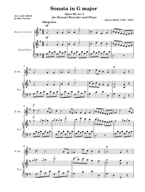 James Hook - Sonata in G for recorder and piano Op. 99, no. 2 - Allegretto