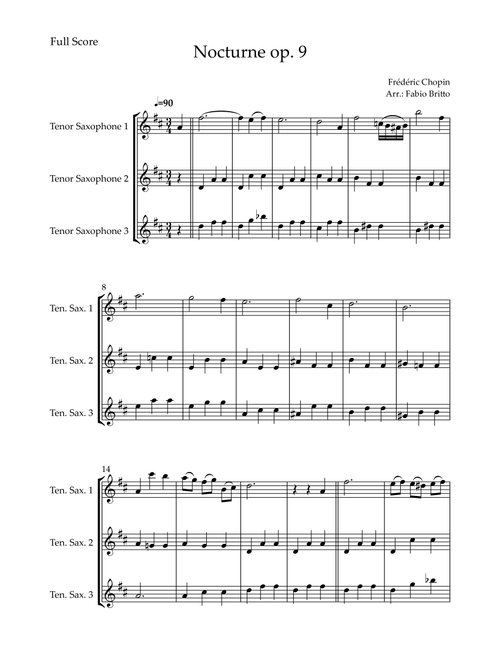 Nocturne Op.9 No. 2 (Frédéric Chopin) for Tenor Saxophone Trio (Arr. Fabio Britto) (Woodwind Ensemble)